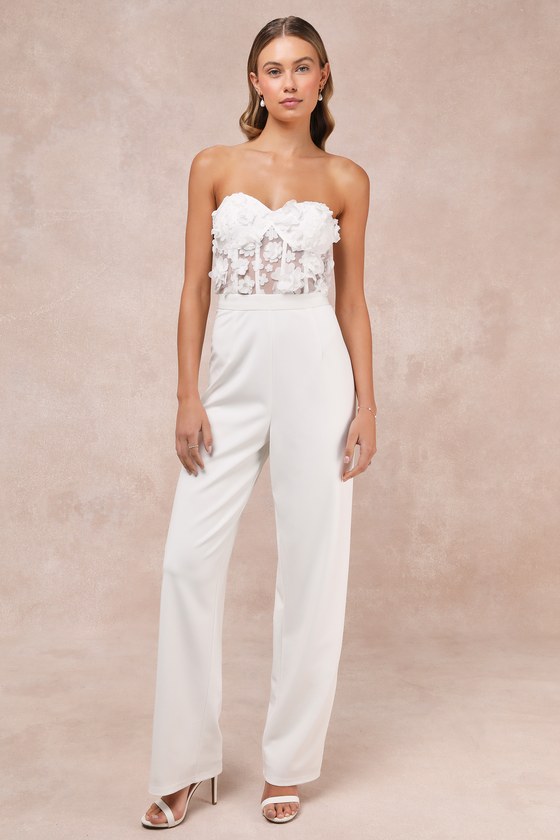 Lulus Fashionista Nights White Mesh 3d Floral Strapless Jumpsuit