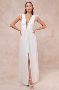 I'm All Yours White Tulle Ruffled Maxi Dress