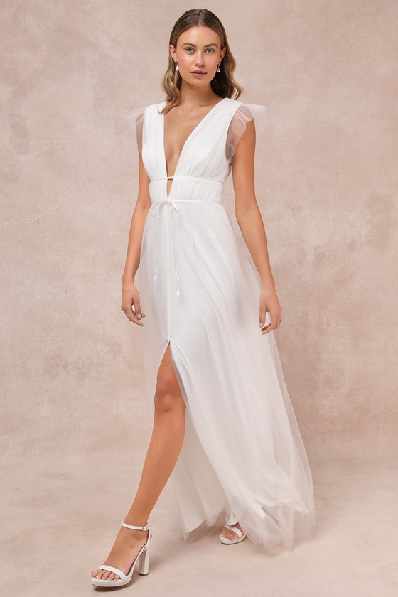 Lulus I'm All Yours White Tulle Ruffled Maxi Dress In White