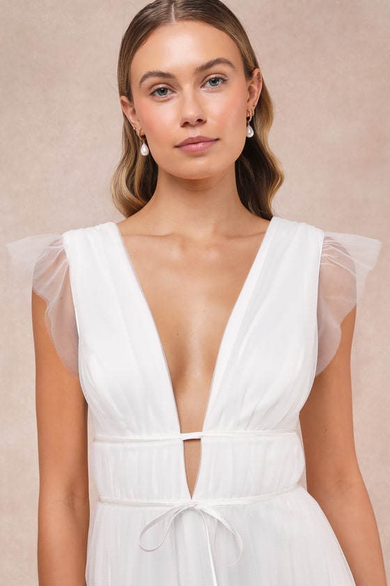 Lulus I'm All Yours White Tulle Ruffled Maxi Dress In White