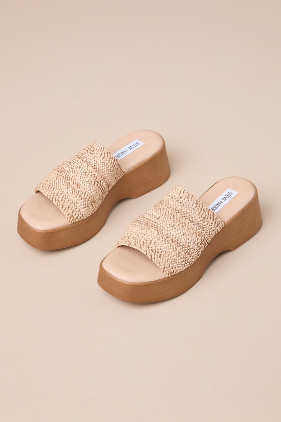 Shop Steve Madden Slinky30 Raffia Platform Slide Sandals In Beige