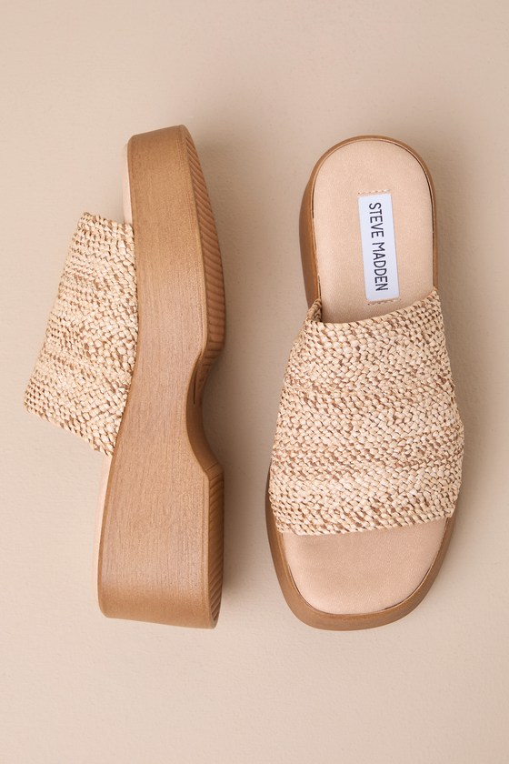 Shop Steve Madden Slinky30 Raffia Platform Slide Sandals In Beige