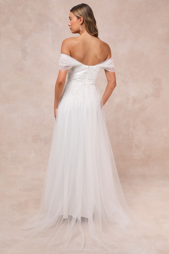 Blissfully Romantic White Tulle Off-the-Shoulder Maxi Dress 1