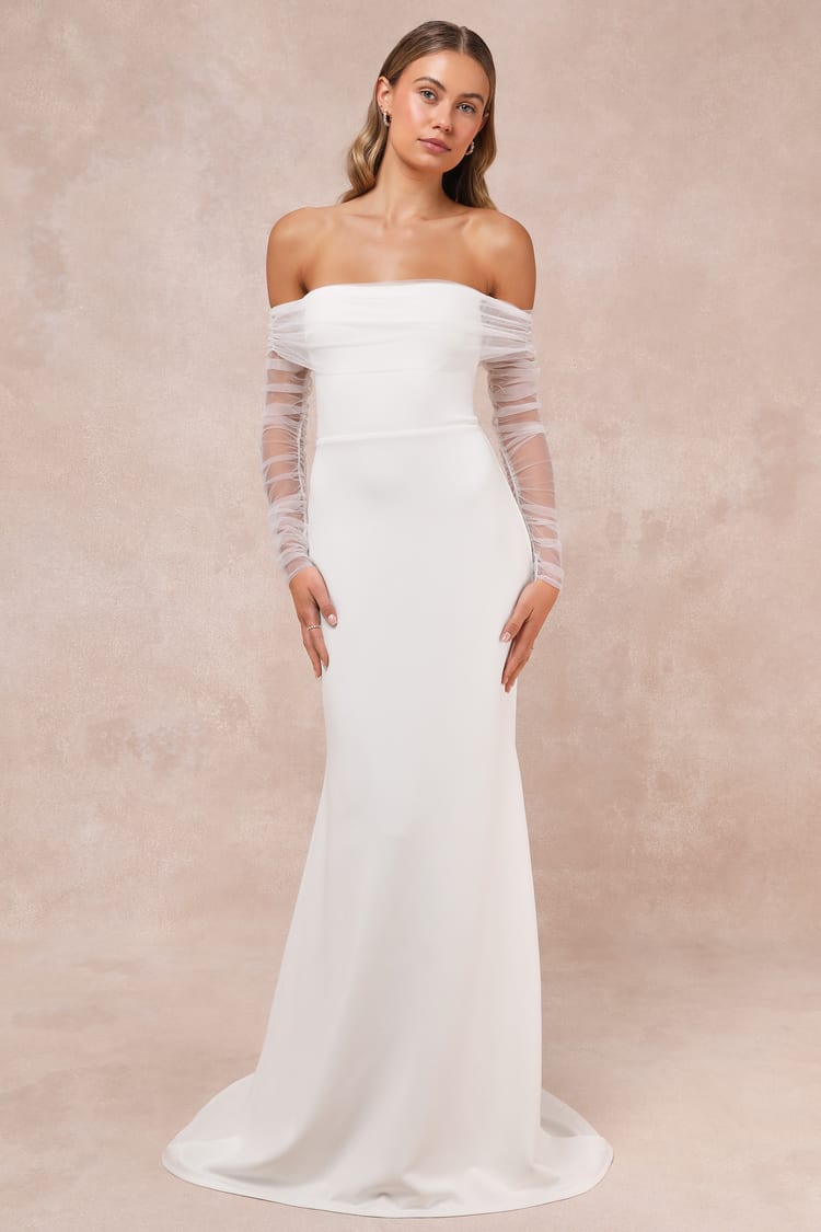 white christmas dresses Delphine White Off-Shoulder Ruched Maxi Dress