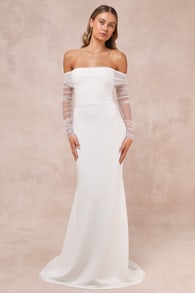 Beautifully Beloved White Mesh Off-the-Shoulder Maxi Dress