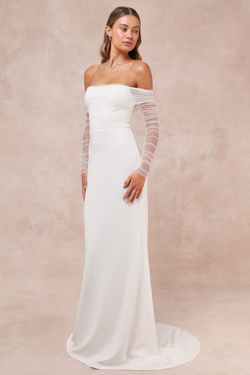 White Mesh Dress - Off-the-Shoulder Maxi Dress - OTS Mesh  display picture 2