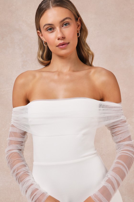 Lulus Beautifully Beloved Mesh Off-the-shoulder Maxi Dress In White In White