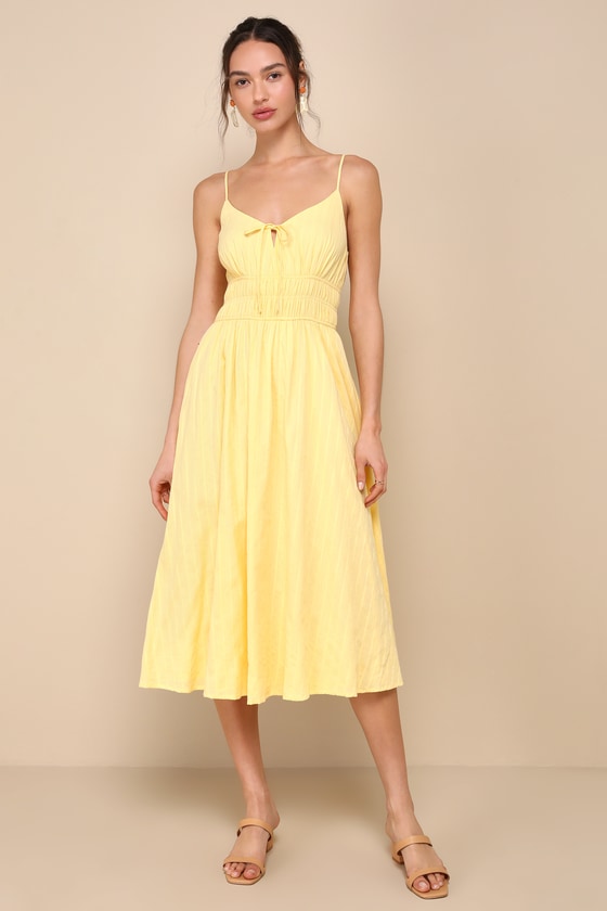 Shop Lulus Gorgeous Sunshine Yellow Embroidered Tie-front Midi Dress