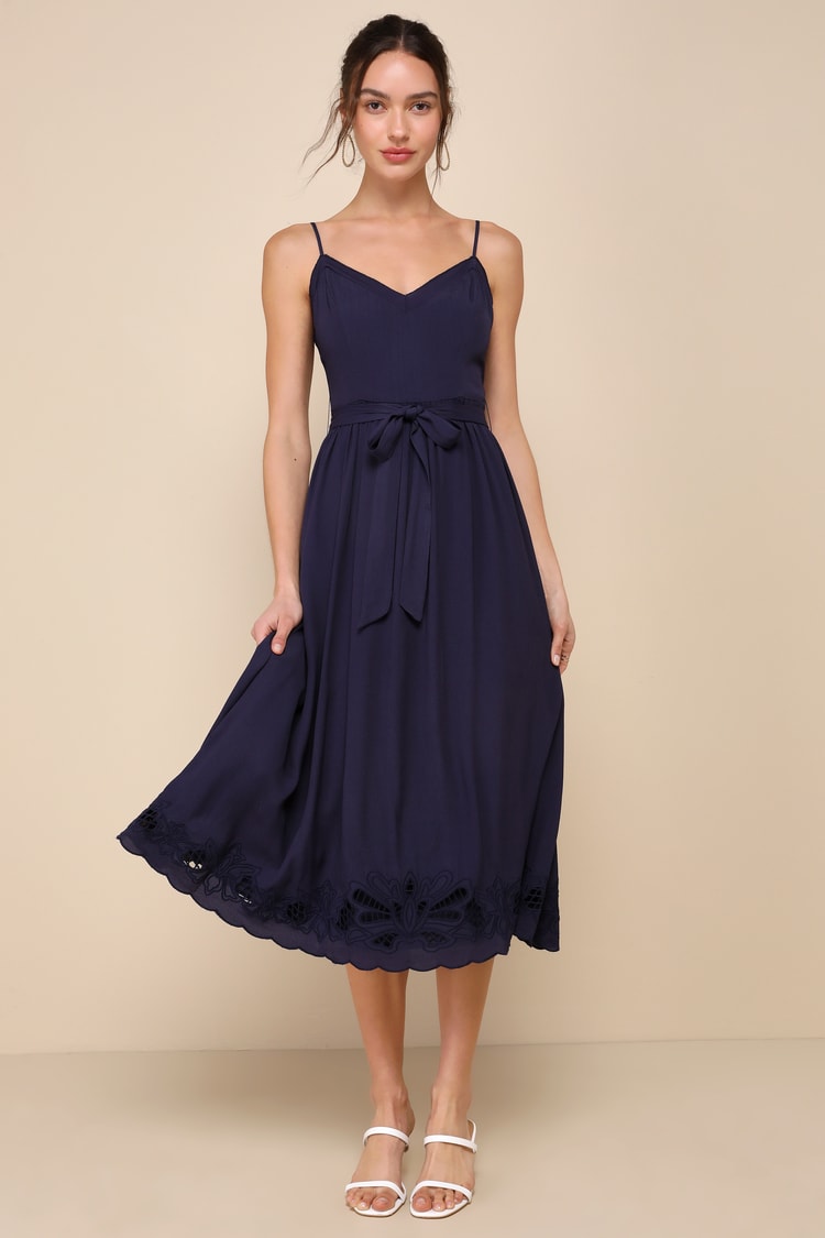 white christmas dresses Women Navy Blue & White Polka Dot Printed Mandarin Collar Neck Crepe  Pleated Fit & Flare Midi Dress