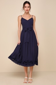 Blissful Ease Navy Blue Embroidered Sleeveless Midi Dress