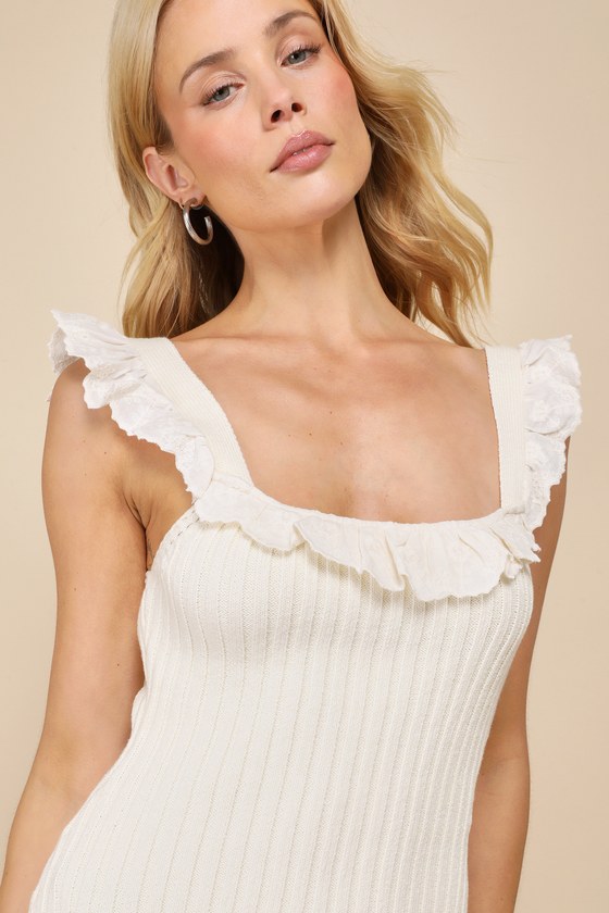 Shop Lulus Sweet Always Ivory Ribbed Ruffled Sleeveless Sweater Mini Dress