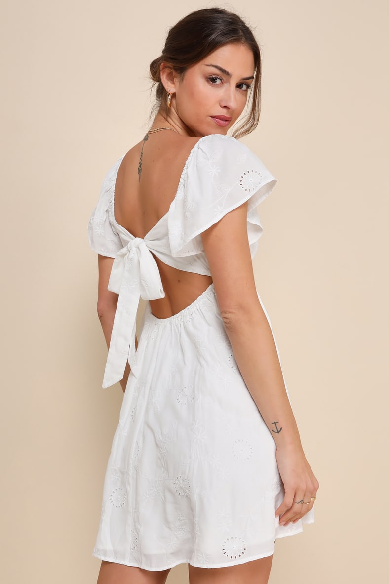 Heavenly Cutie White Embroidered Tie-Back Mini Dress