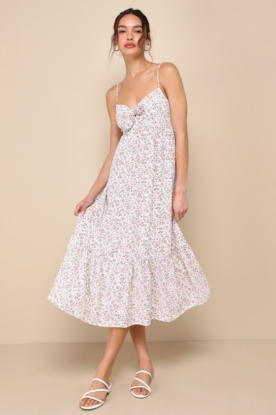 Shop Lulus Decidedly Adorable Ivory Floral Tie-front Tiered Midi Dress