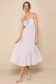 Decidedly Adorable Ivory Floral Tie-Front Tiered Midi Dress