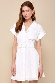 Strolling Paris White Eyelet Embroidered Button-Up Mini Dress