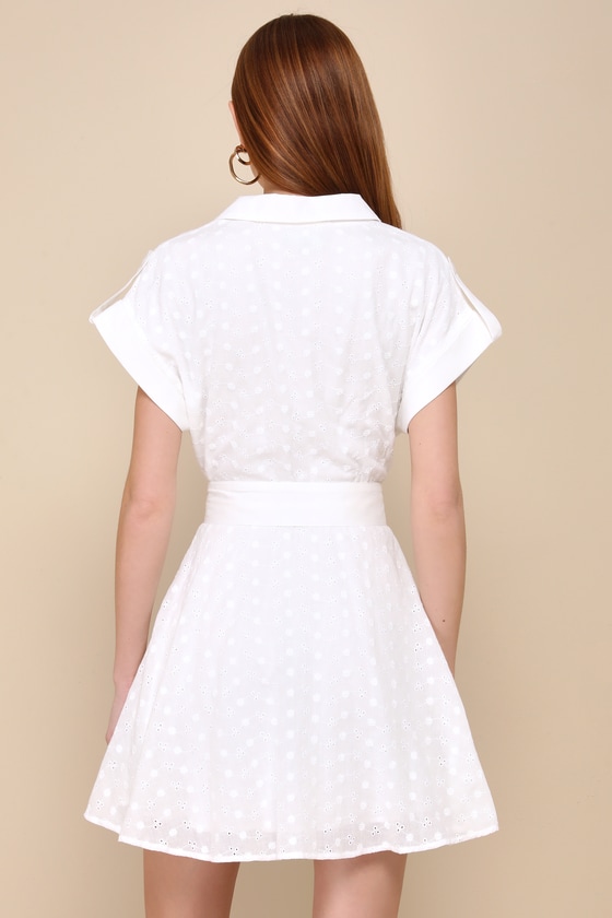 Strolling Paris White Eyelet Embroidered Button-Up Mini Dress 3