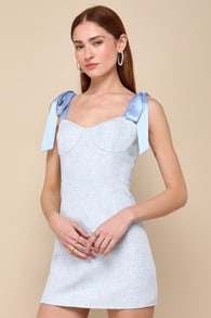 Adorable Trait Light Blue Tweed Tie-Strap Bustier Mini Dress