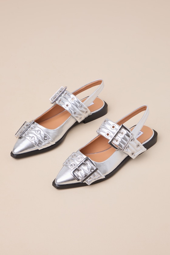 Graya Silver Metallic Studded Buckle Slingback Flats 1