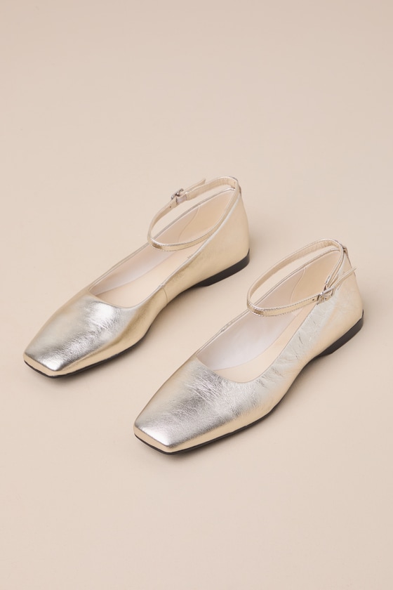Shop Vagabond Shoemakers Delia Gold Metallic Leather Square Toe Ankle Strap Flats