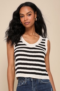 Breezy Perspective Beige and Black Striped Crochet Tank Top