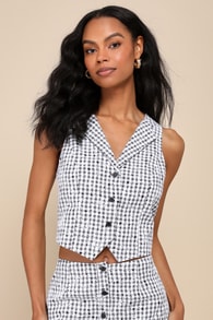 Adorably Poised Black and White Gingham Embroidered Vest