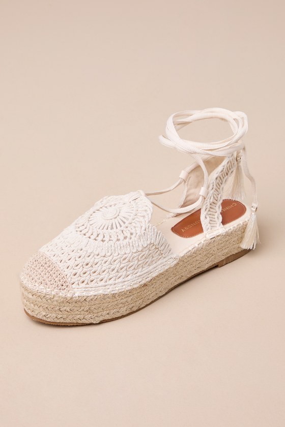 Shop Chinese Laundry Sunny Cream Macramã© Lace-up Espadrille Flatforms In White