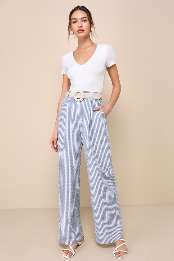 Shop Lulus Breezy Direction Blue And White Striped High-rise Wide Leg Pants