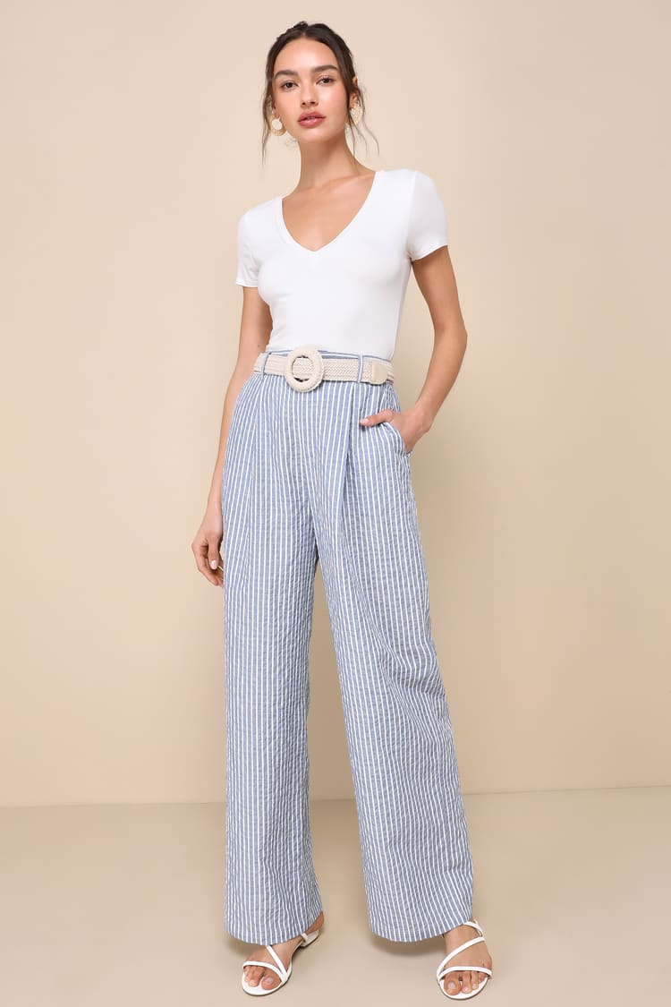 Blue and White Striped Pants - High-Rise Pants - Wide Leg Pants - Lulus