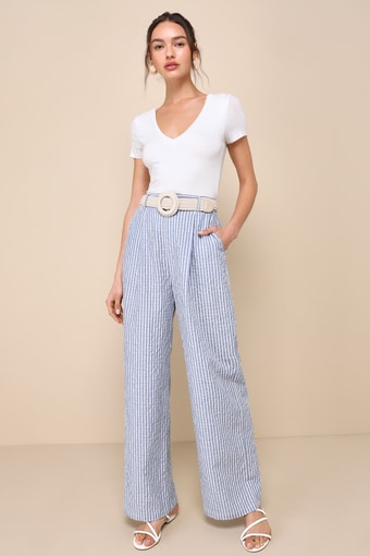 Breezy Direction Blue and White Striped High-Rise Wide Leg Pants