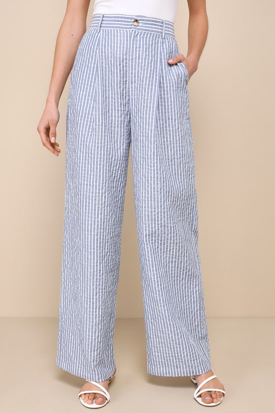 Shop Lulus Breezy Direction Blue And White Striped High-rise Wide Leg Pants