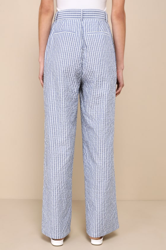 Blue and White Striped Pants - High-Rise Pants - Wide Leg