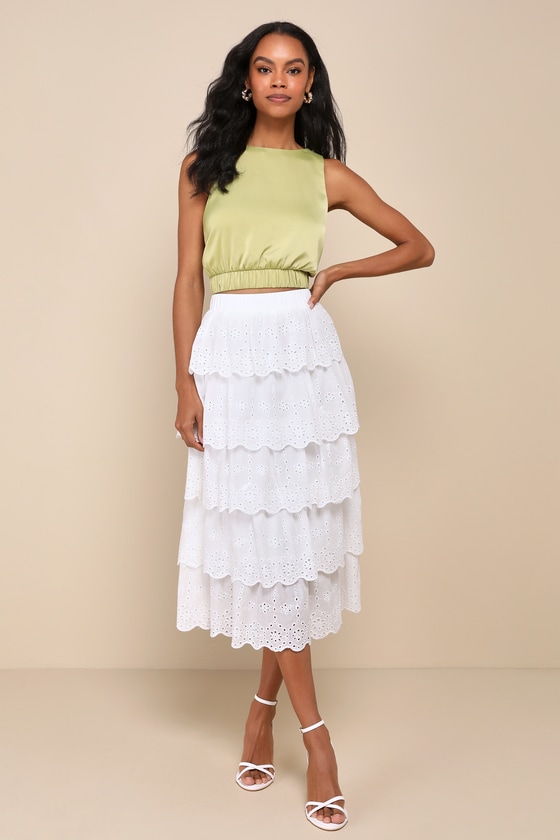 Shop Lulus Dreamy Poise White Eyelet Embroidered Tiered Midi Skirt