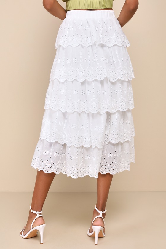 Shop Lulus Dreamy Poise White Eyelet Embroidered Tiered Midi Skirt