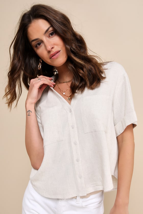 Beige Linen Top - Beige Button-Up Top - Collared Top - Beige