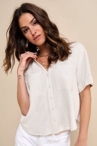 Summer Escapades Beige Linen Collared Button-Up Top 2
