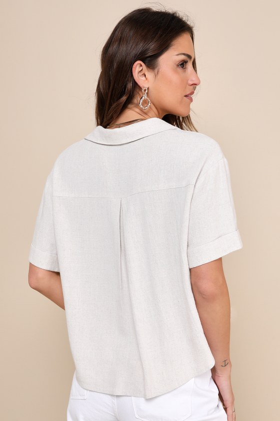 Beige Linen Top - Beige Button-Up Top - Collared Top - Beige