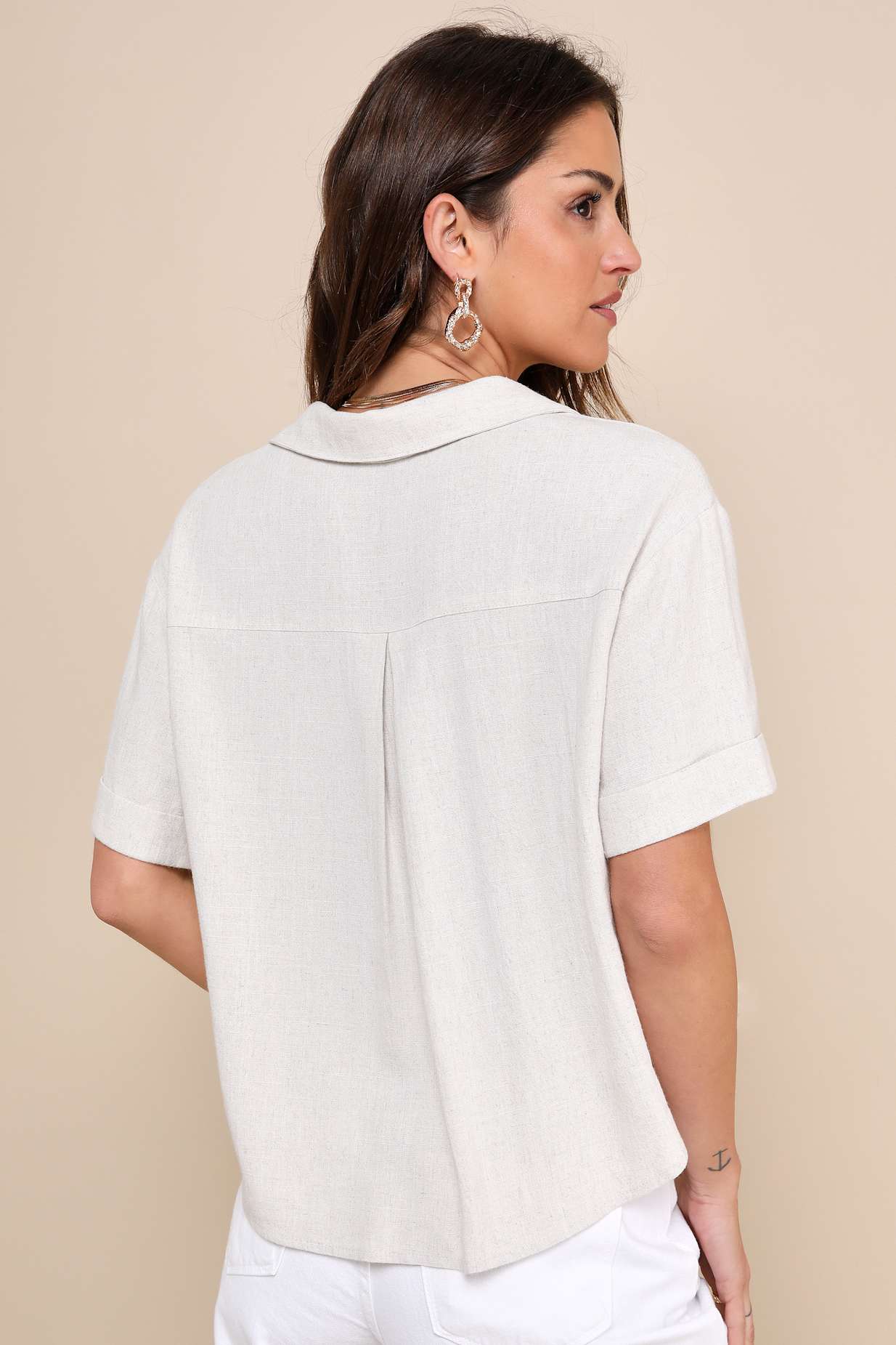 Summer Escapades Beige Linen Collared Button-Up Top