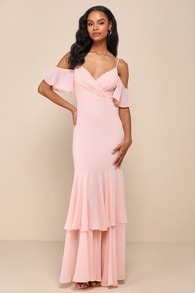 Brilliant Perfection Blush Pink Cold-Shoulder Tiered Maxi Dress