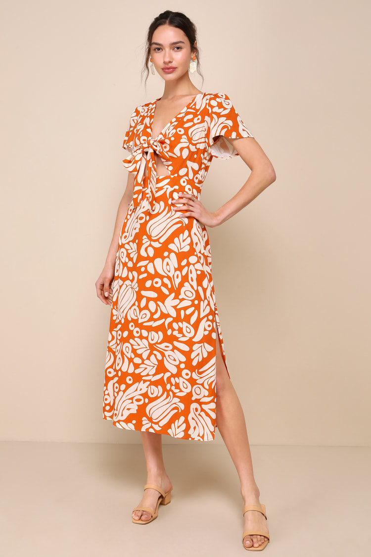 Rust Orange Abstract Dress - Tie-Front Midi Dress - Midi Dress