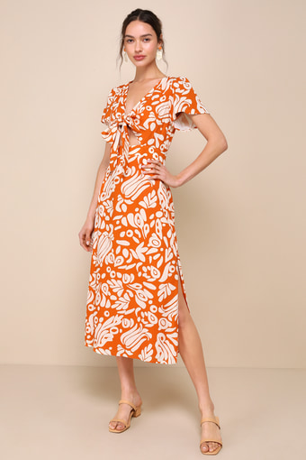 Energetic Charm Rust Orange Abstract Tie-Front Midi Dress 2