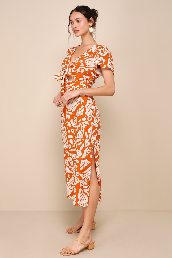 LULUS ENERGETIC CHARM RUST ORANGE ABSTRACT TIE-FRONT MIDI DRESS