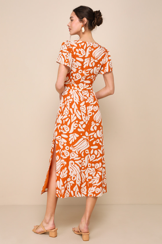 LULUS ENERGETIC CHARM RUST ORANGE ABSTRACT TIE-FRONT MIDI DRESS