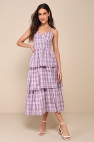 Cutest Flair Lilac Plaid Sleeveless Bustier Tiered Midi Dress