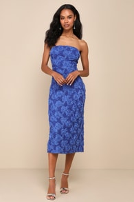 Flawless Perfection Blue 3D Floral Applique Strapless Midi Dress