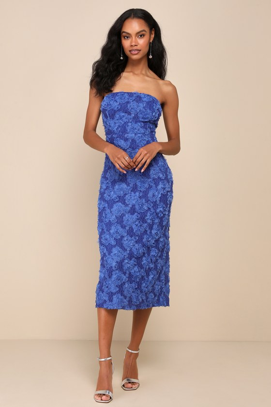 Flawless Perfection Blue 3D Floral Applique Strapless Midi Dress 2