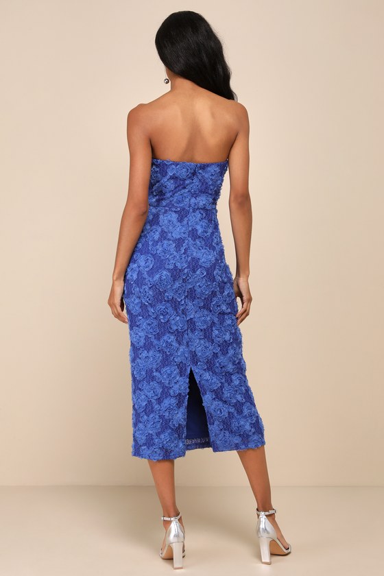 Flawless Perfection Blue 3D Floral Applique Strapless Midi Dress 4