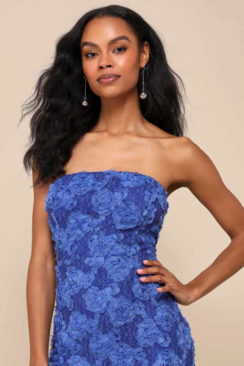 Blue Floral Applique Strapless Midi Dress | Womens | Medium (Available in L) | 100% Polyester | Lulus | Holiday Dresses