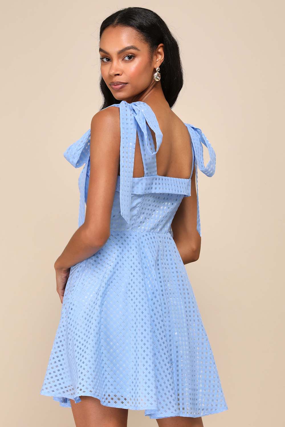 Forever Darling Blue Gingham Burnout Tie-Strap Mini Dress