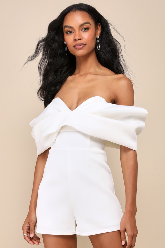Luxe Drama White Scuba Knit Bow Off-the-Shoulder Romper 2