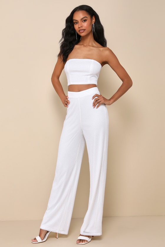 Shop Lulus Poised Confidence White Sequin Two-piece Strapless Jumpsuit
